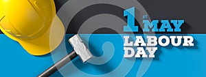 Labour day background design with hammer isolated on blue background. 1st May Labour day background. 3D illustration