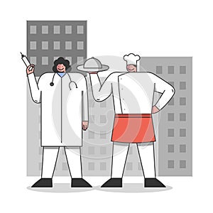 Labour Day Concept. People Of Different Professions Prepare To Celebrate The Holiday. Doctor And Chef In Uniforms