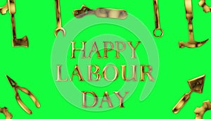 labour day greetings in golden texture on green screen with hammer and other workers tool