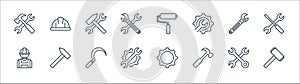 labour day line icons. linear set. quality vector line set such as hammer, hammer, gear, labor man, adjustable wrench, wrench,