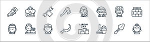 labour day line icons. linear set. quality vector line set such as hostess, cleaning, sickle, worker, chef, wrench, painter,