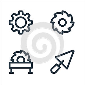 labour day line icons. linear set. quality vector line set such as shovel, saw machine, circular saw