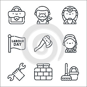 labour day line icons. linear set. quality vector line set such as cleaning, brick wall, wrench, worker, axe, labor day, doctor,