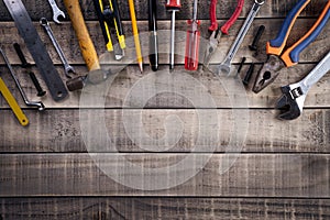 Labour Day,  Many handy tools on wooden background texture