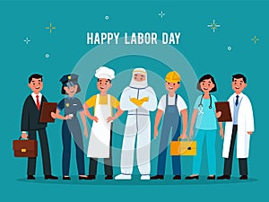 Labour day. Professionals group in uniforms of various professions. Scientist, doctor and worker, policeman and chef