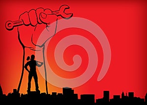 Labour Day world workers day red yellow orange background with hand man in city background building New Era resolution evaluation