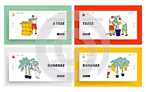 Labour Working on Banana Plantation Landing Page Template Set. Characters Collect Harvest, Sorting and Packing Crop