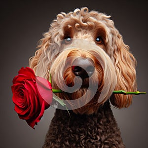 Labradoodle offers owner a red rose in mouth