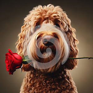 Labradoodle offers owner a red rose in mouth