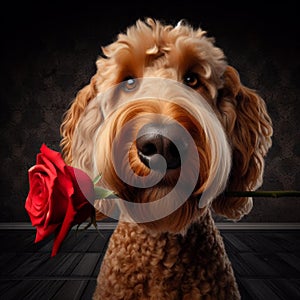 Labradoodle offers owner a red rose in mouth