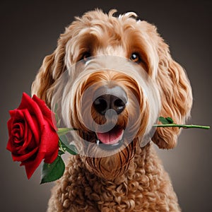 Labradoodle offers owner a red rose in mouth