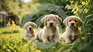 Labrador and beagle puppies in the sunny green garden. Dogs playing in the yard.