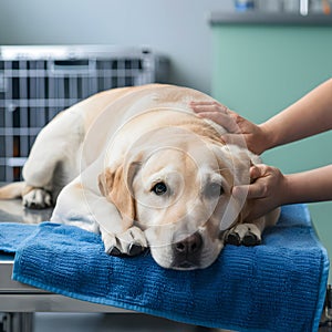 A Labrador being comforted on a blue towel in a safe environment photo