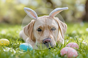 Labrador dog in bunny ears surrounded by colorful eggs on fresh grass