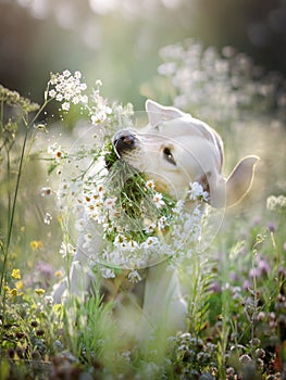 Labrador dog. Field of daisies