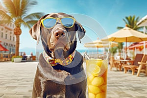 Labrador dog is relaxing on the beach with a cocktail. Resort holiday concept. Generative AI