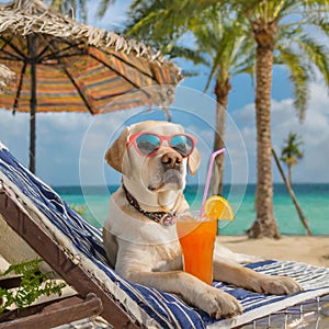 labrador dog with sunglasses at the tropical beach