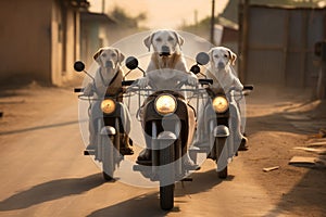 Labrador dogs ride motorcycle along the rural road in the small town.