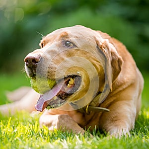 Labrador holding a ball close up face portrait on a sunny day. Golden