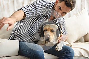 Labrador listening to music while its owner playing with him