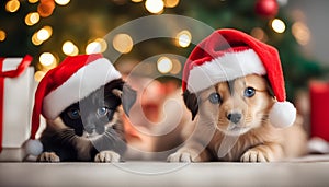 Labrador puppy and black kitten in a Santa Claus hat on a blue background, bokeh, confetti. New Year card