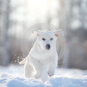 Labrador puppy dog in winter