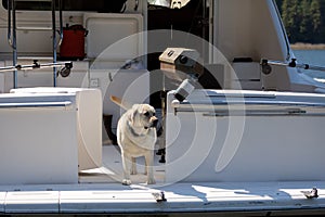 Labrador retriever dog on a boat at the dock