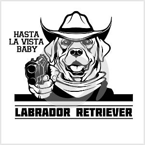 Labrador Retriever dog with gun - Labrador Retriever gangster. Head of Funny Labrador Retriever