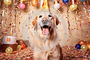 Labrador retriever dog with a hat and birthday cake and candles.