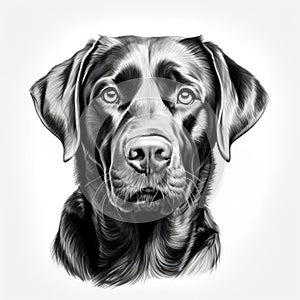 Labrador retriever Dog portrait illustration, detailed black and white art