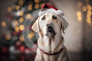 Labrador retriever dog in santa hat on christmas background