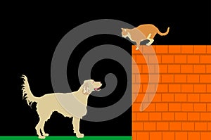 Labrador retriever dog stalks the cat on brick wall vector illustration isolated.