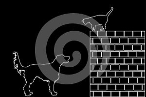 Labrador retriever dog stalks the cat on brick wall vector line contour silhouette illustration isolated.