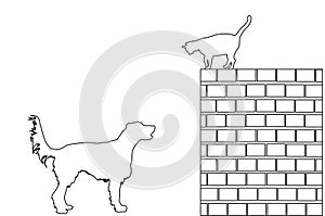 Labrador retriever dog stalks the cat on brick wall vector line contour silhouette illustration isolated.