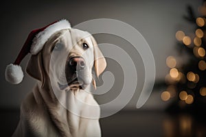 Labrador retriever dog wearing santa hat on christmas background