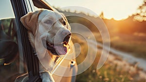 Labrador Retriever Enjoying a Sunset Car Ride ,Happy Travel Concept