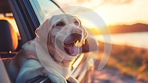 Labrador Retriever Enjoying a Sunset Car Ride ,Happy Travel Concept
