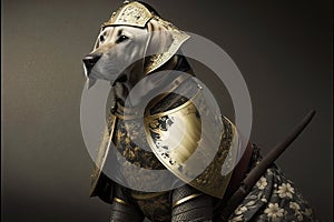 Labrador retriever in medieval samourai armor. Generative AI illustration.