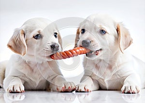 Labrador Retriever puppies playing with a carrot on white background-two puppies