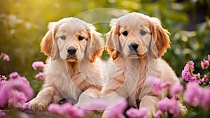 Labrador retriever puppies sitting among flowers and green grass