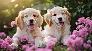 Labrador retriever puppies sitting among flowers and green grass