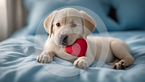 Labrador retriever puppy A Labrador puppy with a red heart-shaped pillow on its chest. The puppy is sleepy and relaxed,