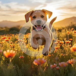 Labrador Retriever puppy running through a field of wildflowers in the golden hour by AI generated