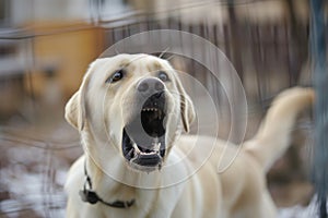 labrador retriever with raised hackles, barking at intruder