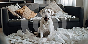 Labrador retriever is standing in the fluff