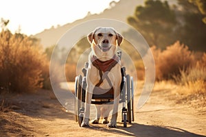 Labrador retriever in a wheelchair on a sunny trail. Concept of pet mobility, canine assistance devices, outdoor