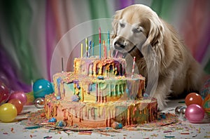 Labrador retriver dog with a hat and birthday cake and candles.