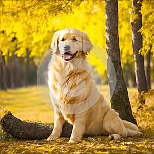 Labrador retriver dog sitting close to a tree trunk in a autumn afternoon in a park