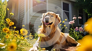 Labrador sits in garden surrounded by yellow flowers