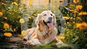 Labrador sits in garden surrounded by yellow flowers